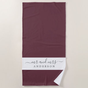 Chic Newlywed Mr Mrs Burgundy Monogrammed Beach Towel