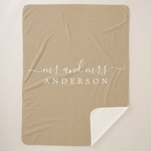 Chic Newlywed Mr Mrs Camel Monogram Sherpa Blanket