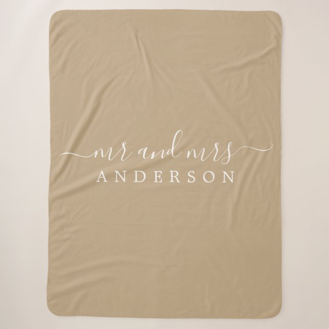 Chic Newlywed Mr Mrs Camel Monogram Sherpa Blanket (Front)