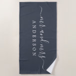 Chic Newlywed Mr Mrs Charcoal Blue Monogrammed Beach Towel<br><div class="desc">Chic charcoal blue monogrammed beach towel with the large text Mr and Mrs in white elegant script. You can customize this luxurious beach towel with your married name. Perfect gift for the newlywed couple. Exclusively designed for you by Happy Dolphin Studio.</div>
