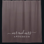 Chic Newlywed Mr Mrs Dark Burgundy Monogram<br><div class="desc">Chic dark burgundy monogram shower curtain with the text Mr and Mrs in white elegant script. The colour carob chip is used for this stylish design you can customize with your married name. Perfect luxury gift for the newlywed couple. Exclusively designed for you by Happy Dolphin Studio.</div>