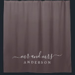 Chic Newlywed Mr Mrs Dark Burgundy Monogram<br><div class="desc">Chic dark burgundy monogram shower curtain with the text Mr and Mrs in white elegant script. The colour carob chip is used for this stylish design you can customize with your married name. Perfect luxury gift for the newlywed couple. Exclusively designed for you by Happy Dolphin Studio.</div>