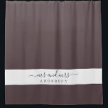 Chic Newlywed Mr Mrs Dark Burgundy Monogram<br><div class="desc">Chic dark burgundy monogram shower curtain with the text Mr and Mrs in off-black elegant script. The colour carob chip is used for this stylish design you can customize with your married name. Perfect luxury gift for the newlywed couple. Exclusively designed for you by Happy Dolphin Studio.</div>
