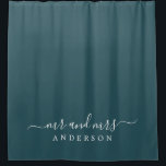 Chic Newlywed Mr Mrs Dark Emerald Monogram<br><div class="desc">Chic dark emerald monogram shower curtain with the text Mr and Mrs in white elegant script. The colour deep emerald is used for this stylish design you can customize with your married name. Perfect luxury gift for the newlywed couple. Exclusively designed for you by Happy Dolphin Studio.</div>