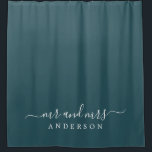 Chic Newlywed Mr Mrs Dark Emerald Monogram<br><div class="desc">Chic dark emerald monogram shower curtain with the text Mr and Mrs in white elegant script. The colour deep emerald is used for this stylish design you can customize with your married name. Perfect luxury gift for the newlywed couple. Exclusively designed for you by Happy Dolphin Studio.</div>