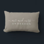 Chic Newlywed Mr Mrs Grey Monogram Lumbar Pillow<br><div class="desc">Chic, modern monogrammed shiitake grey pillow with the text Mr and Mrs in white elegant script. Simply add your married name. The colour felted wool is used for this stylish design. Perfect luxury gift for the newlywed couple. Exclusively designed for you by Happy Dolphin Studio. If you need any help...</div>