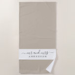 Chic Newlywed Mr Mrs Grey White Monogrammed Beach Towel<br><div class="desc">Chic grey and white monogrammed beach towel with the text Mr and Mrs in elegant script. You can customize this elegant beach towel with your married name. Perfect gift for the newlywed couple. The colour shiitake is used for this design. Exclusively designed for you by Happy Dolphin Studio.</div>