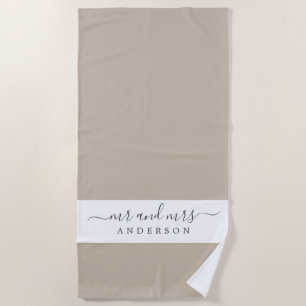 Chic Newlywed Mr Mrs Grey White Monogrammed Beach Towel