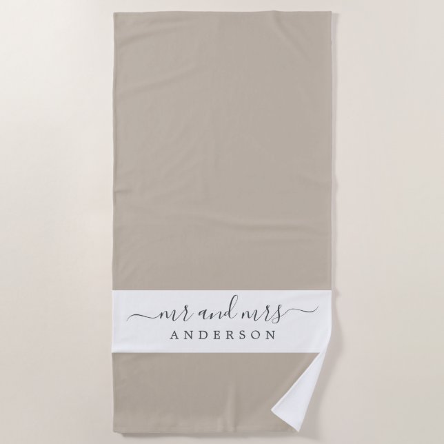 Chic Newlywed Mr Mrs Grey White Monogrammed Beach Towel (Front)