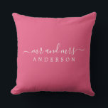 Chic Newlywed Mr Mrs Hot Pink Monogram Throw Pillow<br><div class="desc">Chic, modern monogrammed pillow with the text Mr and Mrs in white elegant script on an Ibiza hot pink background. Simply add your married name. Perfect gift for the newlywed couple. Exclusively designed for you by Happy Dolphin Studio. If you need any help or matching products please contact us at...</div>