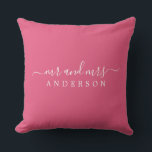 Chic Newlywed Mr Mrs Hot Pink Monogram Throw Pillow<br><div class="desc">Chic, modern monogrammed pillow with the text Mr and Mrs in white elegant script on an Ibiza hot pink background. Simply add your married name. Perfect gift for the newlywed couple. Exclusively designed for you by Happy Dolphin Studio. If you need any help or matching products please contact us at...</div>