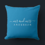 Chic Newlywed Mr Mrs Ibiza Blue Monogram Throw Pillow<br><div class="desc">Chic, modern monogrammed pillow with the text Mr and Mrs in white elegant script on an Ibiza blue background. Simply add your married name. Perfect gift for the newlywed couple. Exclusively designed for you by Happy Dolphin Studio. If you need any help or matching products please contact us at happydolphinstudio@outlook.com....</div>