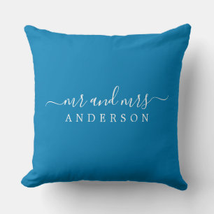 Chic Newlywed Mr Mrs Ibiza Blue Monogram Throw Pillow
