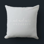 Chic Newlywed Mr Mrs Ice Blue Monogram Throw Pillow<br><div class="desc">Chic, modern monogrammed pillow with the text Mr and Mrs in white elegant script on an ice blue background. Simply add your married name. Perfect gift for the newlywed couple. Exclusively designed for you by Happy Dolphin Studio. If you need any help or matching products please contact us at happydolphinstudio@outlook.com....</div>