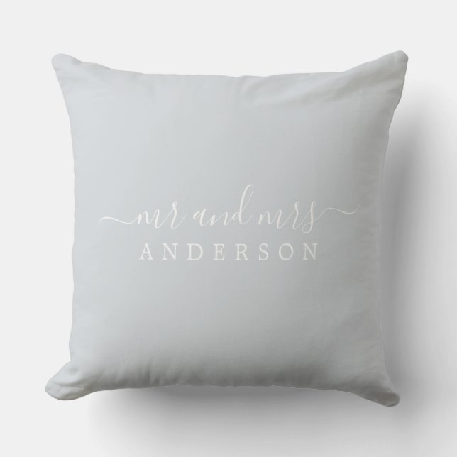 Chic Newlywed Mr Mrs Ice Blue Monogram Throw Pillow (Front)