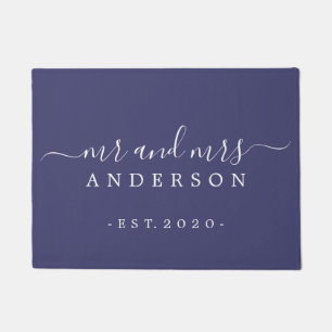Chic Newlywed Mr Mrs Navy Blue Family Monogram Doormat