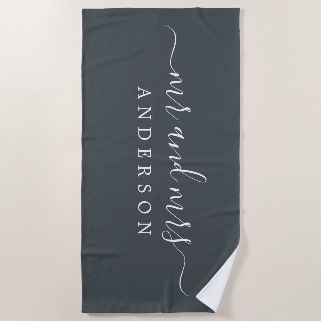 Chic Newlywed Mr Mrs Off-black Monogrammed Beach Towel (Front)