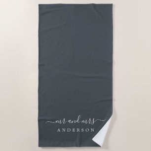 Chic Newlywed Mr Mrs Off-black Monogrammed Beach Towel