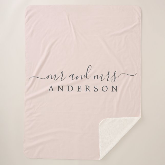 Chic Newlywed Mr Mrs Pastel Pink Monogram Sherpa Blanket (Front)