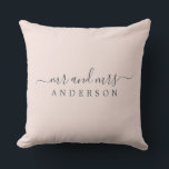 Chic Newlywed Mr Mrs Pastel Pink Monogram Throw Pillow<br><div class="desc">Chic, modern monogrammed pillow with the text Mr and Mrs in off-black elegant script on a pastel pink background. Simply add your married name. Perfect gift for the newlywed couple. Exclusively designed for you by Happy Dolphin Studio. If you need any help or matching products please contact us at happydolphinstudio@outlook.com....</div>