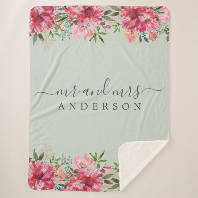 Chic Newlywed Mr Mrs Pink Floral Monogram Sherpa Blanket (Front)