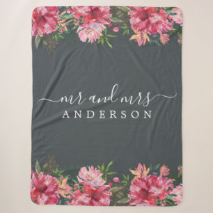 Chic Newlywed Mr Mrs Pink Floral Monogram Sherpa Blanket