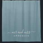 Chic Newlywed Mr Mrs Stone Blue Monogram<br><div class="desc">Chic grey blue monogram shower curtain with the text Mr and Mrs in white elegant script. The colour stone blue is used for this stylish design you can customize with your married name. Perfect luxury gift for the newlywed couple. Exclusively designed for you by Happy Dolphin Studio.</div>