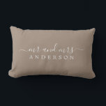 Chic Newlywed Mr Mrs Taupe Monogram Lumbar Pillow<br><div class="desc">Chic, modern monogrammed taupe pillow with the text Mr and Mrs in white elegant script. Simply add your married name. The taupe brown colour dry dock is used for this stylish design. Perfect luxury gift for the newlywed couple. Exclusively designed for you by Happy Dolphin Studio. If you need any...</div>