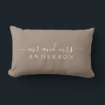 Chic Newlywed Mr Mrs Taupe Monogram Lumbar Pillow<br><div class="desc">Chic, modern monogrammed taupe pillow with the text Mr and Mrs in white elegant script. Simply add your married name. The taupe brown colour dry dock is used for this stylish design. Perfect luxury gift for the newlywed couple. Exclusively designed for you by Happy Dolphin Studio. If you need any...</div>