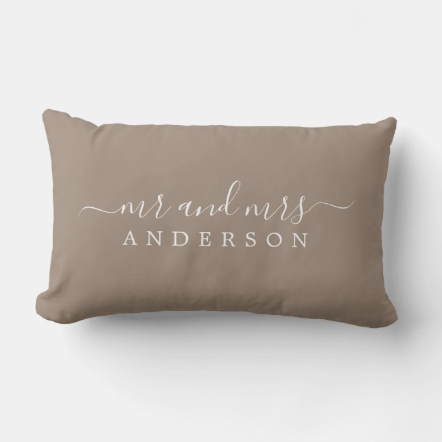 Chic Newlywed Mr Mrs Taupe Monogram Lumbar Pillow (Front)