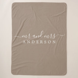Chic Newlywed Mr Mrs Taupe Monogram Sherpa Blanket
