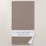 Chic Newlywed Mr Mrs Taupe White Monogrammed Beach Towel<br><div class="desc">Chic taupe and white monogrammed beach towel with the text Mr and Mrs in elegant script. You can customize this elegant beach towel with your married name. Perfect gift for the newlywed couple. The colour dry dock is used for this design. Exclusively designed for you by Happy Dolphin Studio.</div>