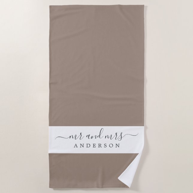 Chic Newlywed Mr Mrs Taupe White Monogrammed Beach Towel (Front)