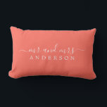 Chic Newlywed Mr Mrs Tropical Coral Monogram Lumbar Pillow<br><div class="desc">Chic, modern monogrammed coral pillow with the text Mr and Mrs in white elegant script. Simply add your married name. The colour living coral is used for this stylish design. Perfect luxury gift for the newlywed couple. Exclusively designed for you by Happy Dolphin Studio. If you need any help or...</div>