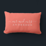 Chic Newlywed Mr Mrs Tropical Coral Monogram Lumbar Pillow<br><div class="desc">Chic, modern monogrammed coral pillow with the text Mr and Mrs in white elegant script. Simply add your married name. The colour living coral is used for this stylish design. Perfect luxury gift for the newlywed couple. Exclusively designed for you by Happy Dolphin Studio. If you need any help or...</div>