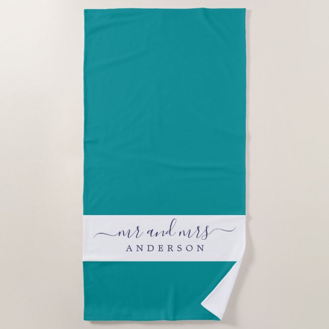 Chic Newlywed Mr Mrs Viridian Green Monogrammed Beach Towel (Front)
