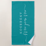 Chic Newlywed Mr Mrs Viridian Green Monogrammed Beach Towel<br><div class="desc">Chic green monogrammed beach towel with the large text Mr and Mrs in white elegant script. The colour viridian green is used for this luxurious beach towel you can customize with your married name. Perfect gift for the newlywed couple. Exclusively designed for you by Happy Dolphin Studio.</div>