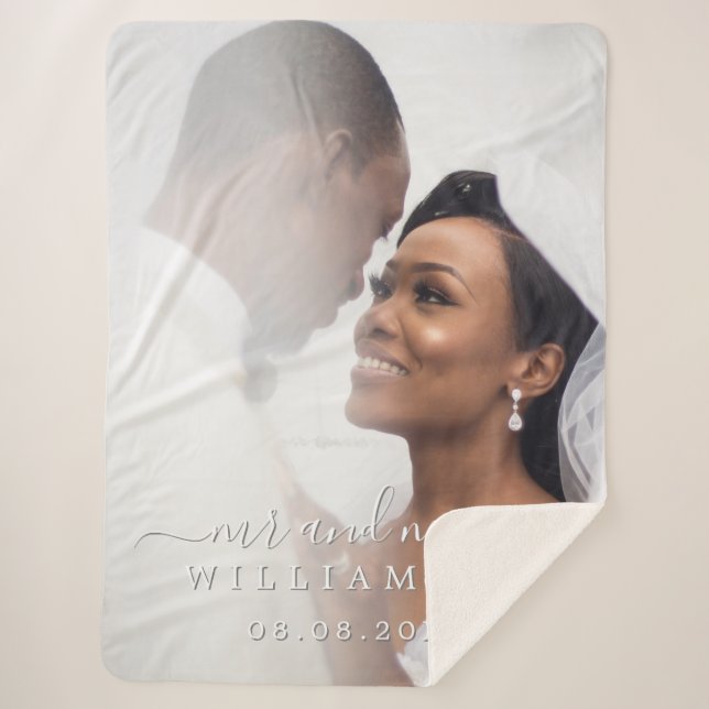 Chic Newlywed Mr Mrs Wedding Photo Sherpa Blanket (Front)