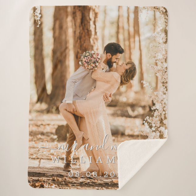 Chic Newlywed Mr Mrs Wedding Photo Sherpa Blanket (Front)