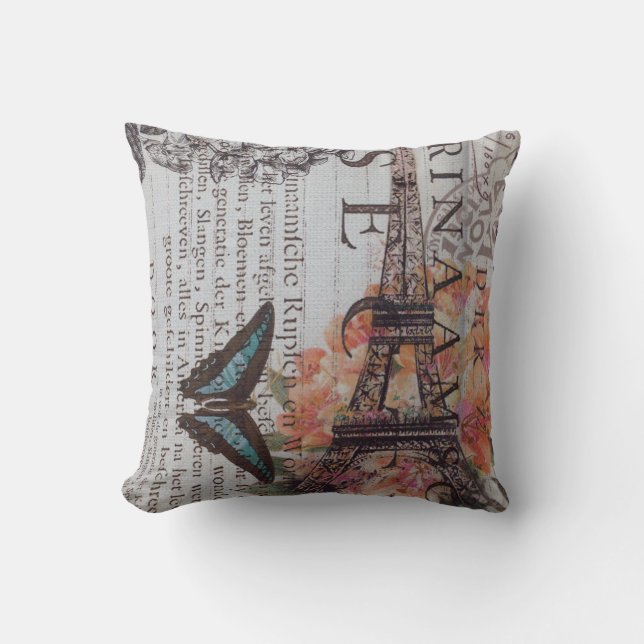 chic newspaper print french Paris Eiffel Tower Throw Pillow (Front)