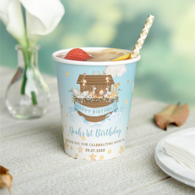Chic Noah's Ark Blue Boy 1st 2nd 3rd Birthday Paper Cups (Insitu)