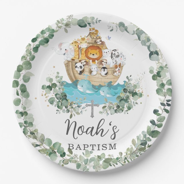 Chic Noah's Ark Greenery Baptism Christening Paper Plate (Front)