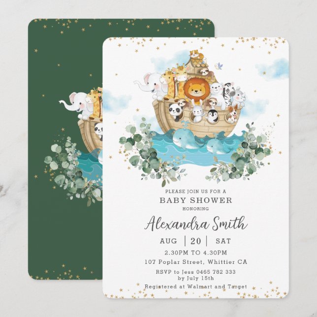 Chic Noah's Ark Greenery Cute Animals Baby Shower  Invitation (Front/Back)