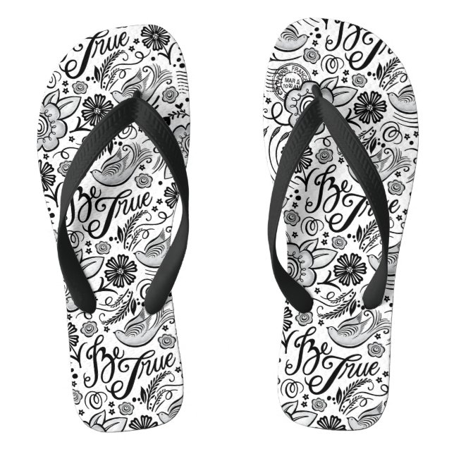 Chic noir blanc floral motif tongs (Semelle)