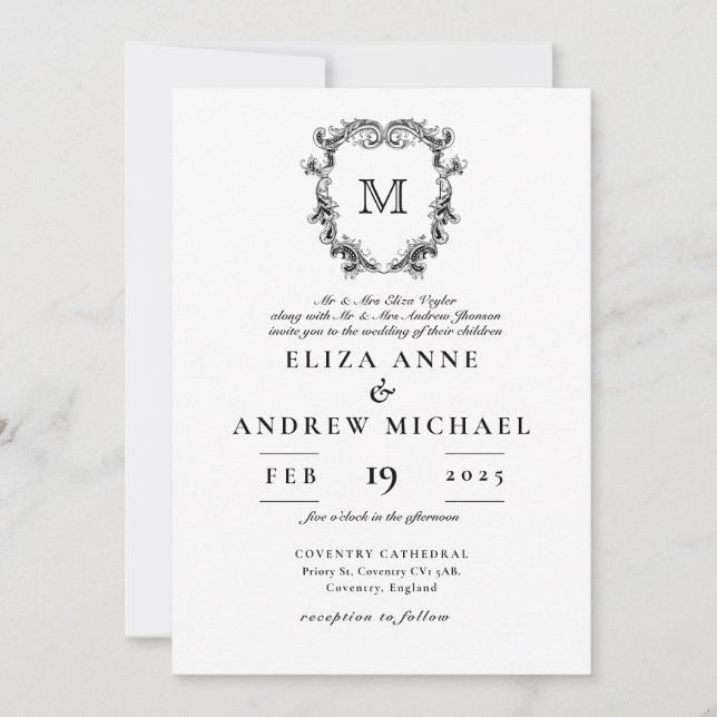 ChIc Noir Blanc Monogramme Crest Faire-part de mar (Devant)