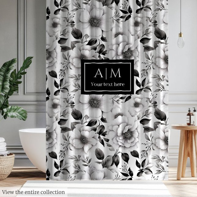Chic noir et blanc rideau de douche floral cadeau (Chic black and white floral shower curtain gift)