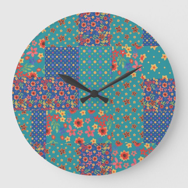 Chic Nostalgic Faux Patchwork Round Wall Clock (Front)