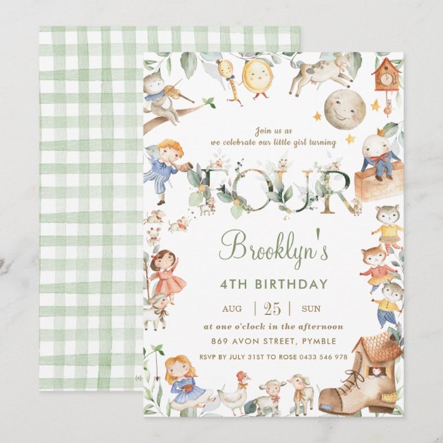 Chic Nursery Rhyme Greenery 4th Birthday Neutral Invitation (Front/Back)