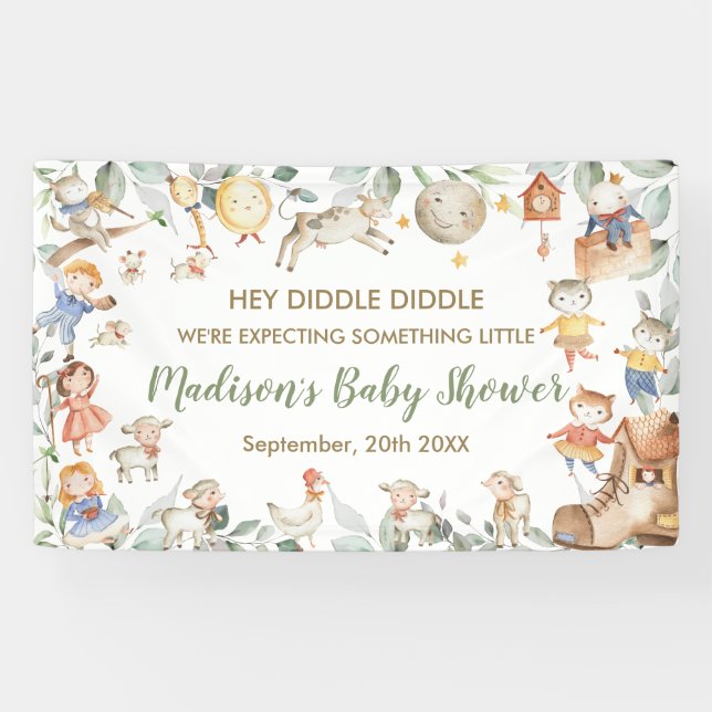 Chic Nursery Rhyme Greenery Baby Shower Backdrop  Banner (Horizontal)