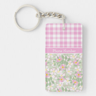 Chic Oblong Keychain: Pink Dogroses and Plaid Keychain